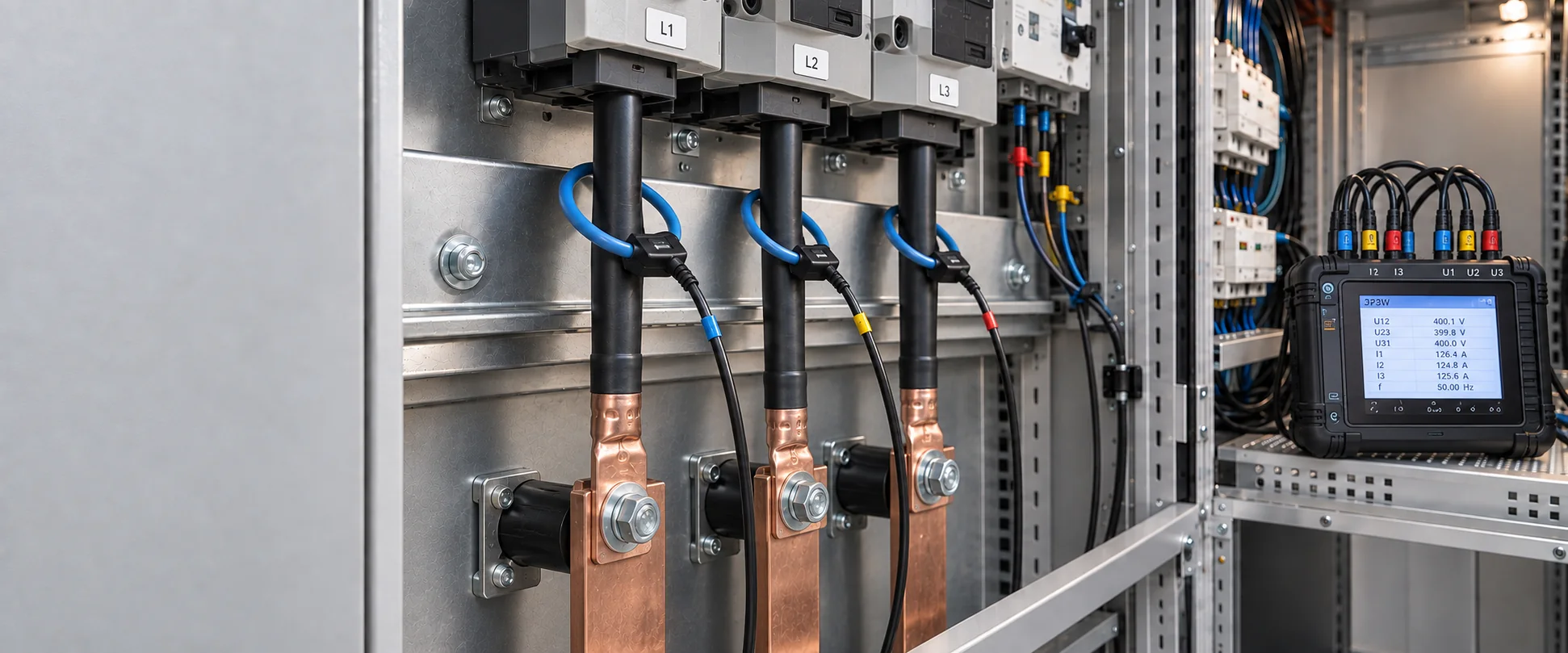 Illustration of power quality monitoring with Rogowski coils and a portable analyzer at an electrical switchboard.