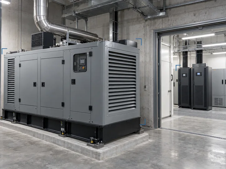 Illustration: a standby generator and UPS cabinets in a plant room