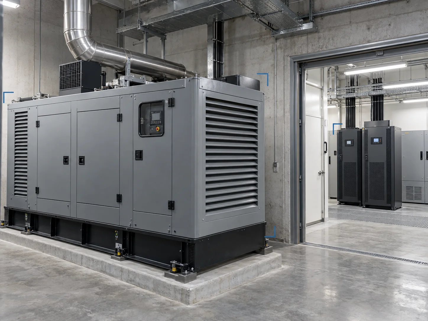 Illustration: a standby generator and UPS cabinets in a plant room