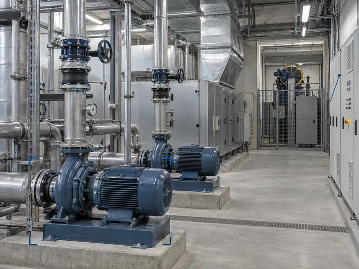Illustration: a pump room with motors, pipework and control cabinets