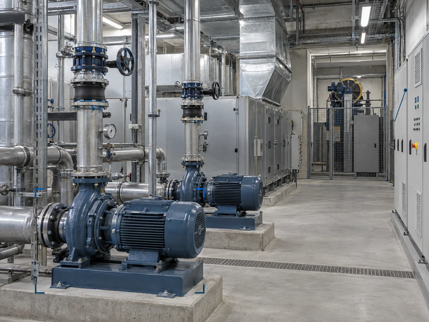Illustration: a pump room with motors, pipework and control cabinets